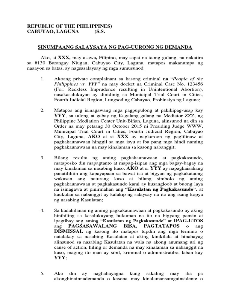 Reckless Imprudence CaseAffidavit of Desistance (Filipino) PDF