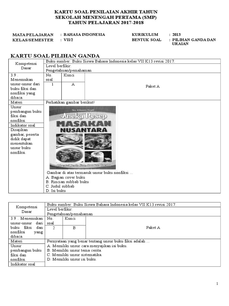 Kartu Soal Bahasa Indonesia Kelas 7 Semester 1 - Ruang Sekolah