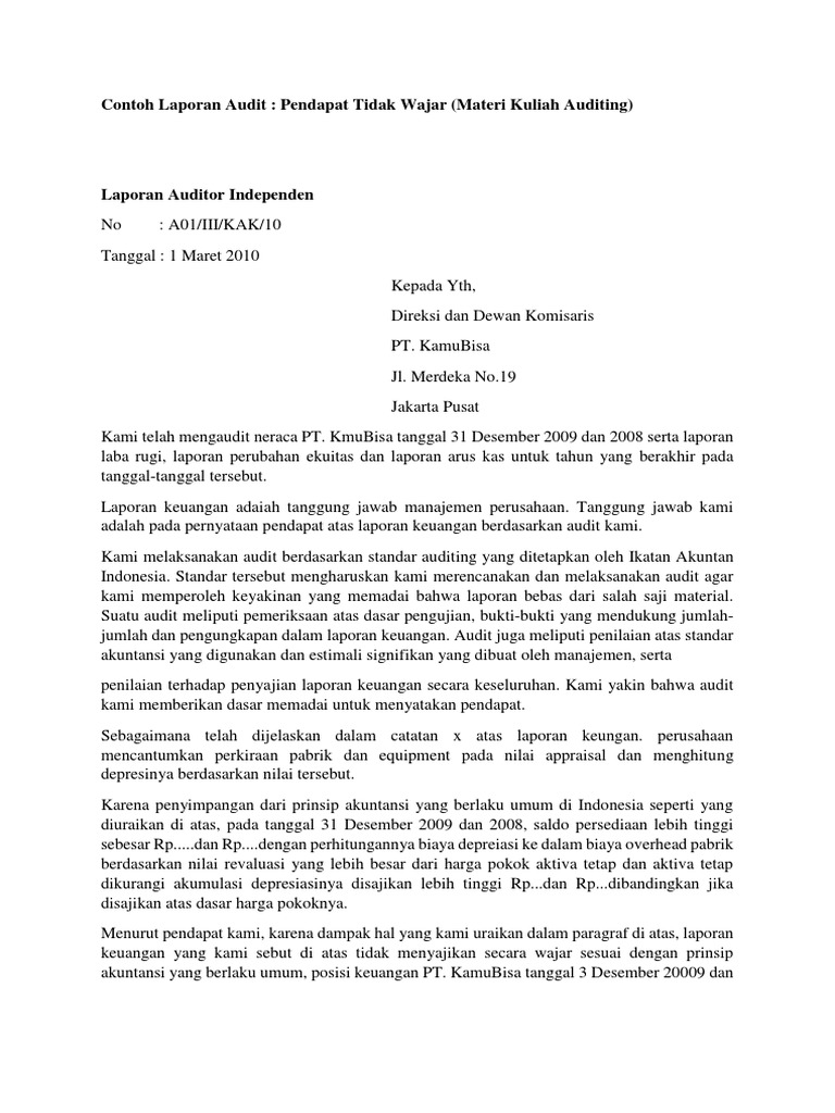 Contoh Laporan Audit Tidak Wajar PDF