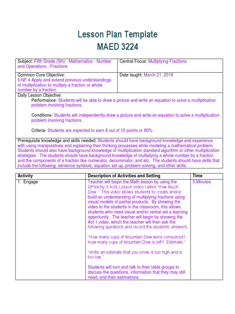 Kelsie Wall - MAED 3224 Lesson Plan Template | PDF | Fraction ...