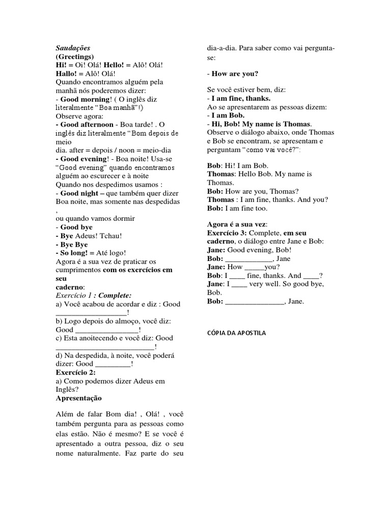 Saudações e apresentações: Cumprimentos diários e conversas básicas em ...