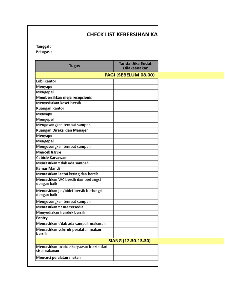Contoh Form Checklist Housekeeping