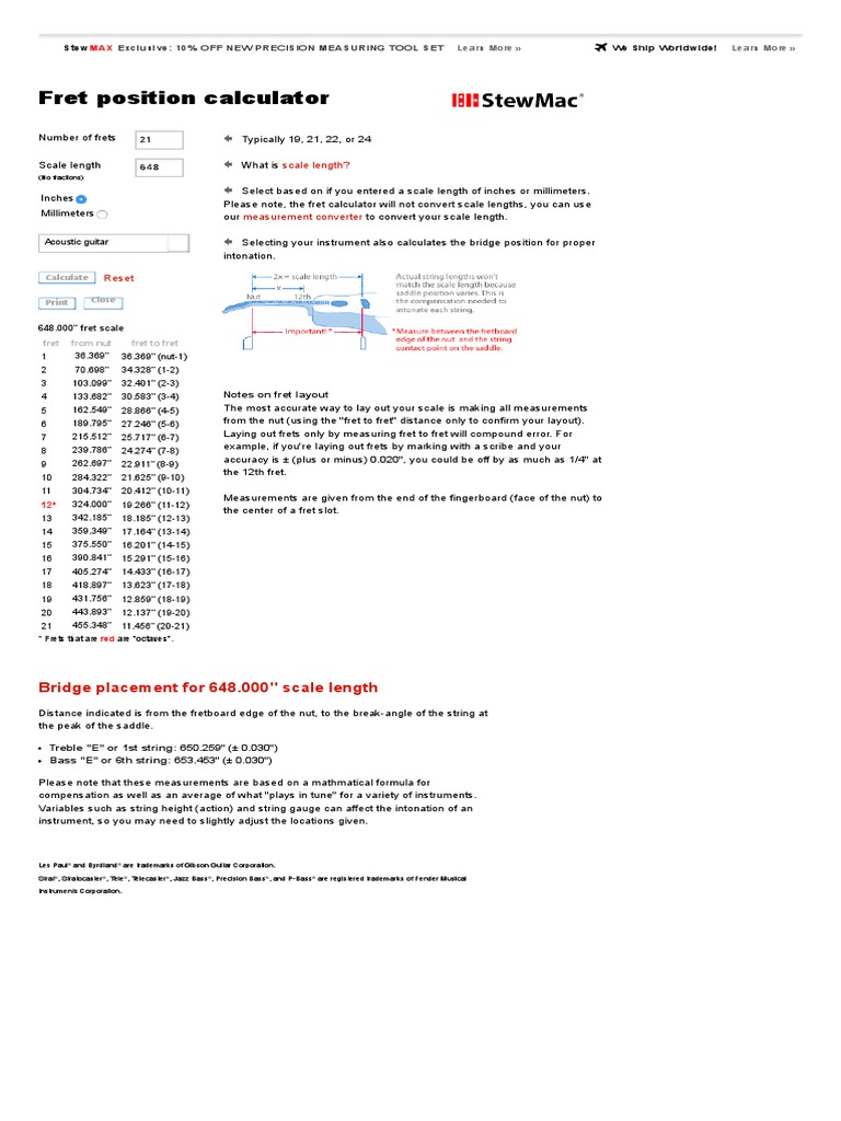 Fret Position Calculator Stewmac PDF Bass Guitar Musical
