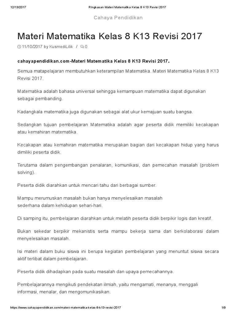 Ringkasan Materi Matematika Kelas 8 K13 Revisi 2017