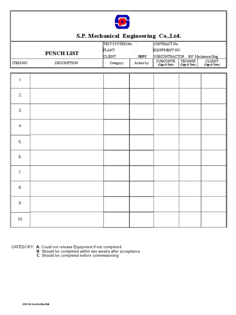 S.P. Mechanical Engineering Co.,Ltd.: Punch List | PDF