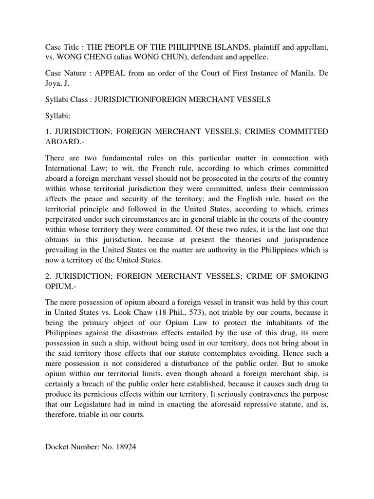 People v. Wong Cheng 46 Phil. 729 | PDF | Jurisdiction | Crime & Violence