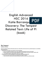 English Advanced HSC 2016 Katie Barranquero Discovery: The Tempest Related Text: Life of Pi (Book)