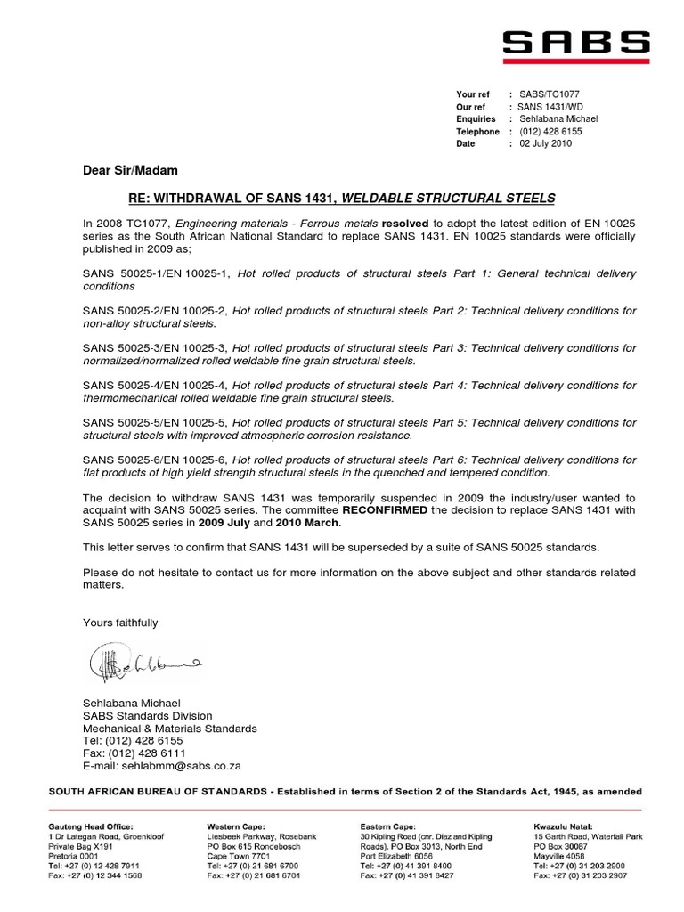 Withdrawal of SANS 1431 Standards | PDF | Technology & Engineering