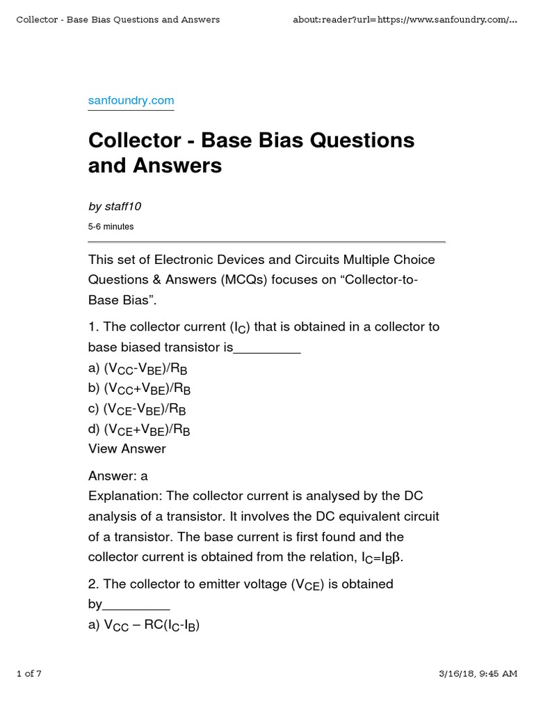 Collector-Base Bias MCQs and Answers | PDF | Bipolar Junction ...