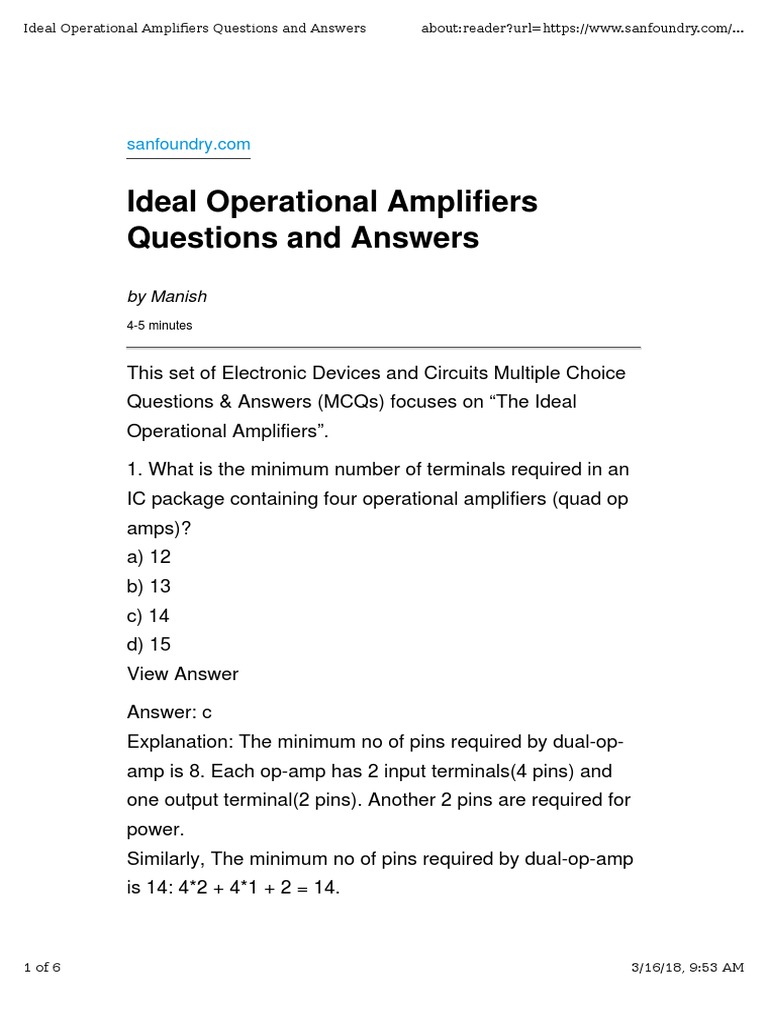 Questions & Answers On Operational Amplifiers PDF Operational