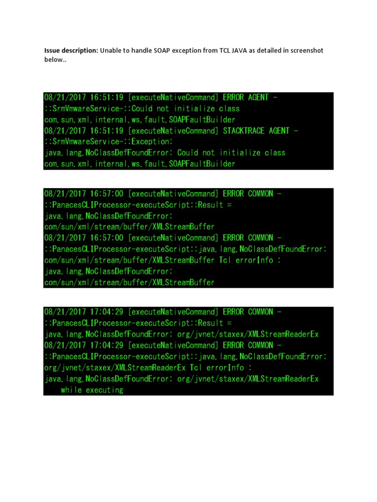 Below.. Issue Description Unable To Handle SOAP Exception From TCL