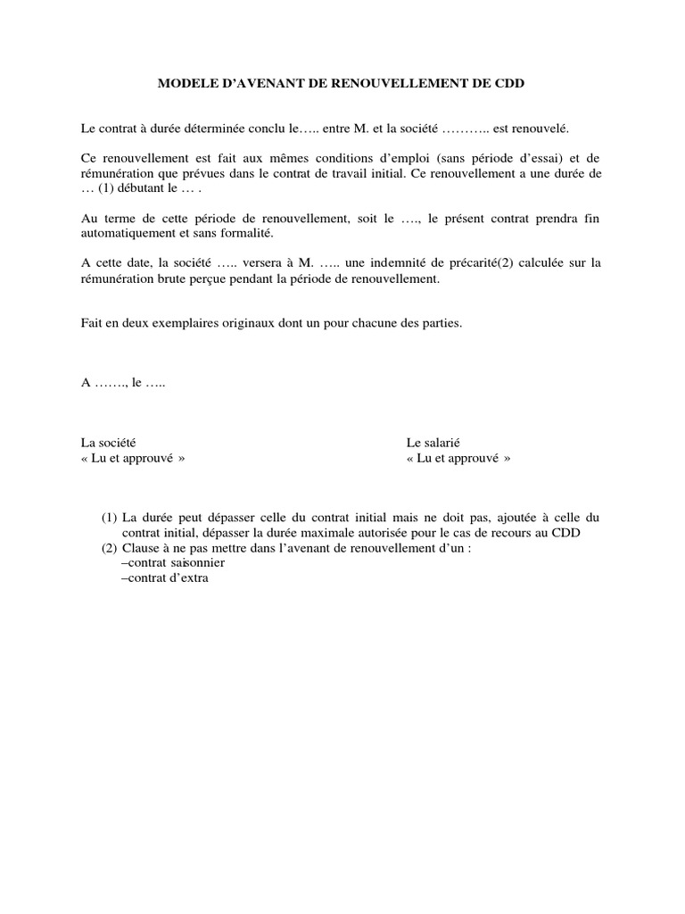 Avenant Au Contrat De Travail Modèle Word Avenant de Renouvellement de CDD | PDF | Programmes sociaux | Travail