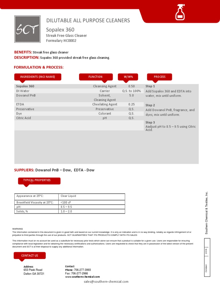 A StreakFree Glass Cleaning Formulation Using Sopalex 360 PDF Chemical Substances Materials