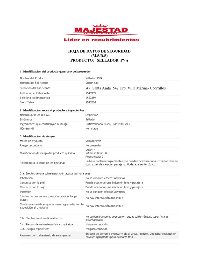 Hoja de Seguridad Sellador PVA | PDF | Agua | Transporte