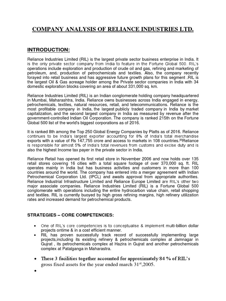 Company Analysis of Reliance Industries LTD PDF Economies
