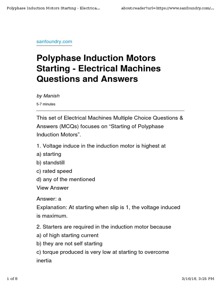 Questions & Answers On Starting of Induction Motors PDF