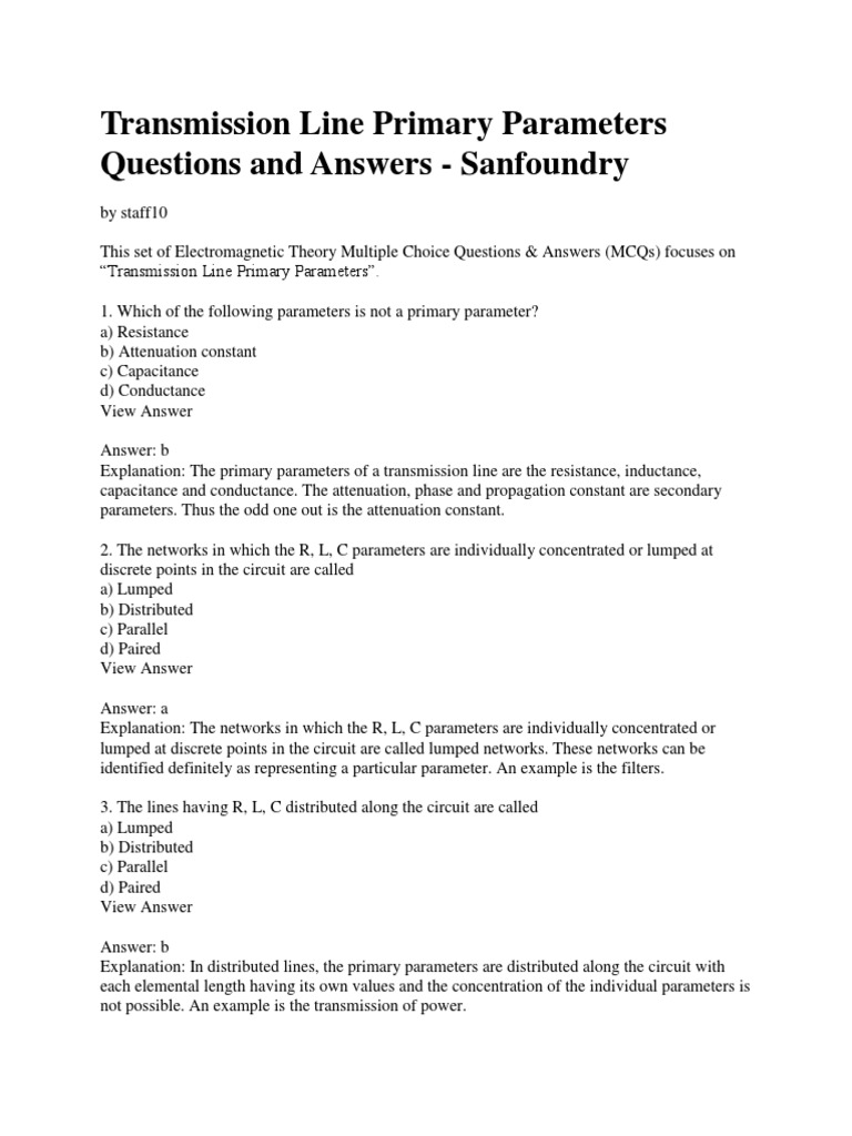 Questions & Answers On Transmission Lines PDF Transmission Line