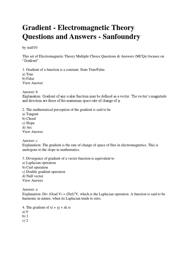 Gradient Electromagnetic Theory Questions And Answers Sanfoundry Divergence Integral