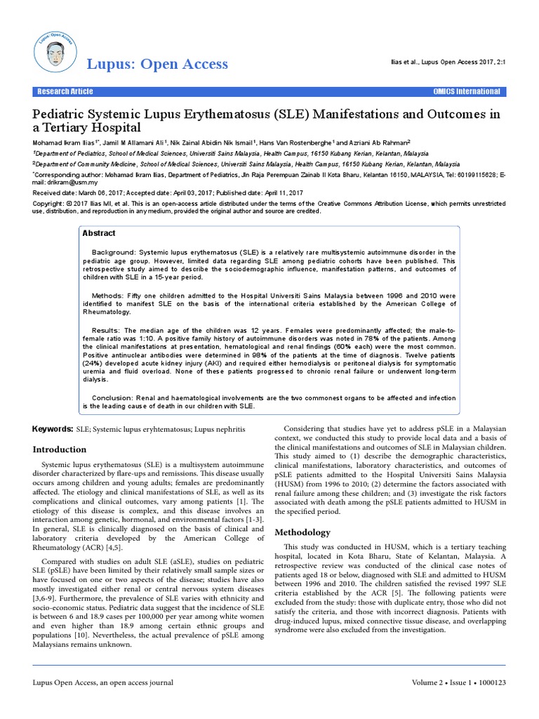 Pediatric Systemic Lupus Erythematosus Sle Manifestations and Outcomes ...