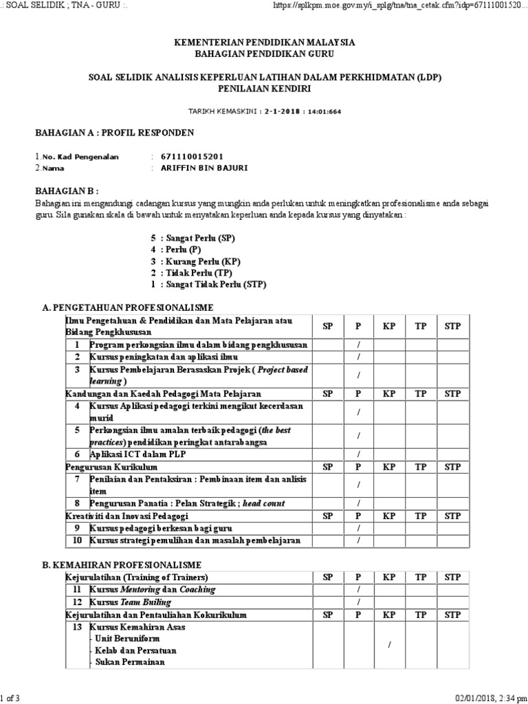 Contoh Borang Soal Selidik Analisis Keperluan Latihan