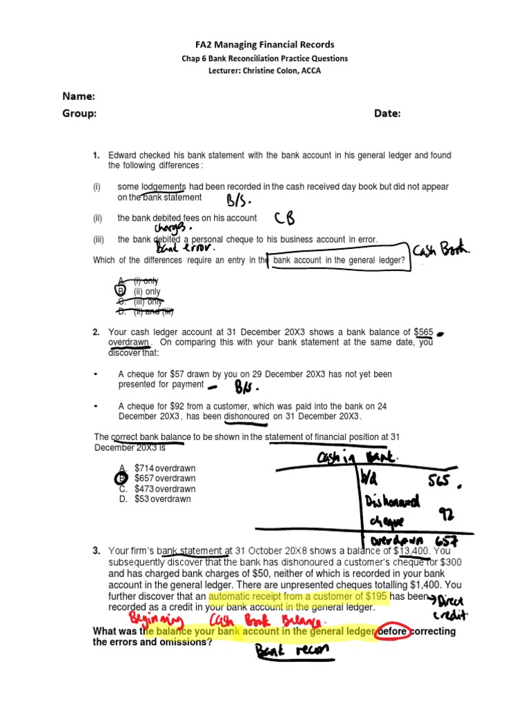 Bank Reconciliation Practice Questions | PDF | Overdraft | Banks