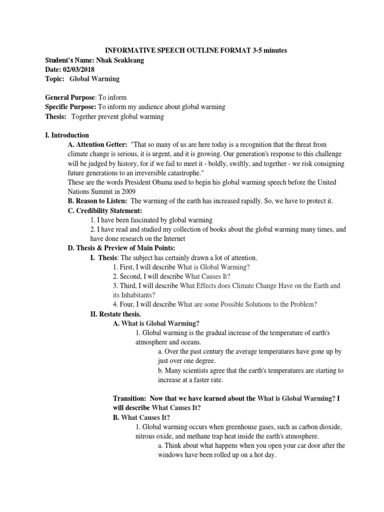 Informative Speech Outline Format 3-5 Minutes | PDF | Global Warming |  Greenhouse Gas