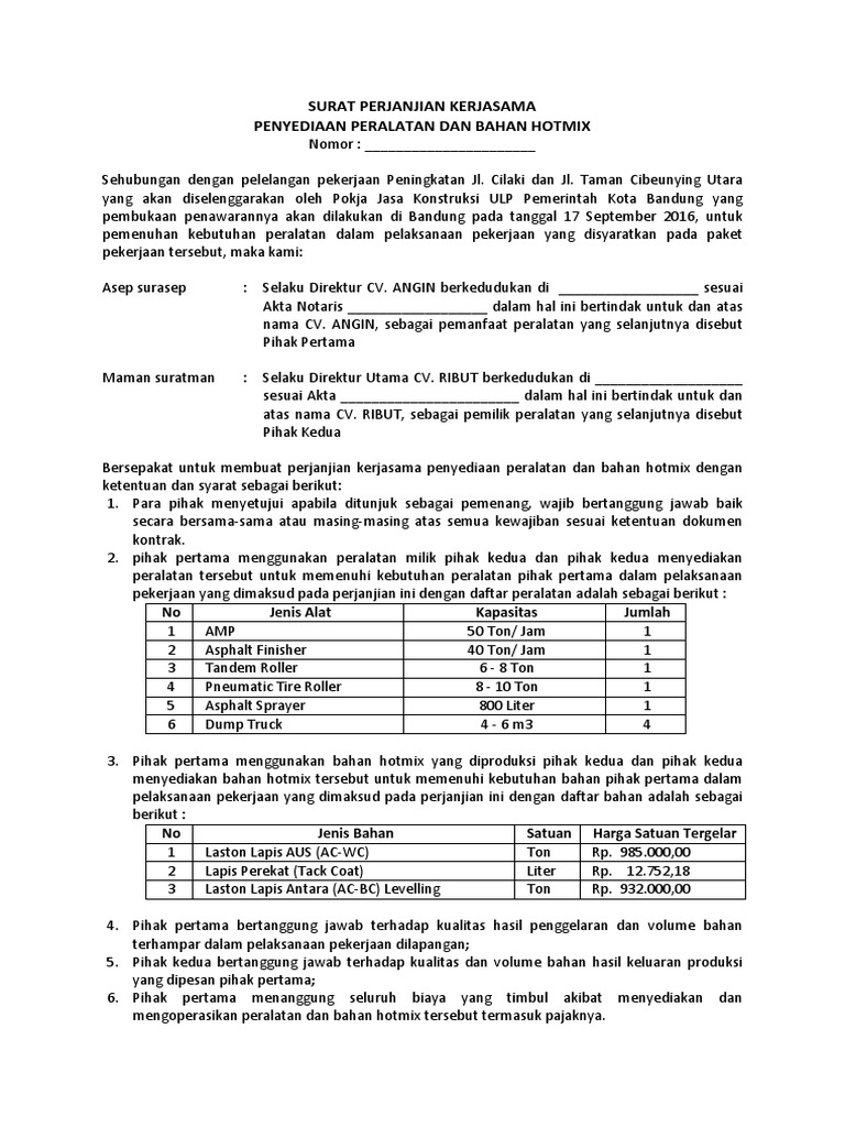 Perjanjian Kerjasama Hotmix CV. ANGIN dan CV. RIBUT | PDF