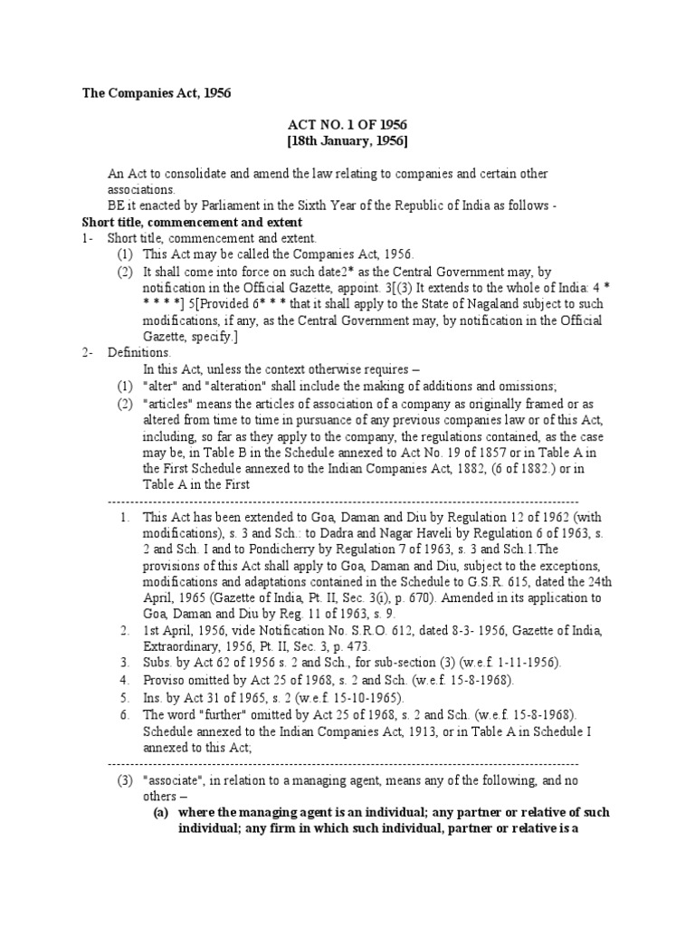 The Companies Act, 1956 An Act to Consolidate and Amend the Laws Relating to Companies and