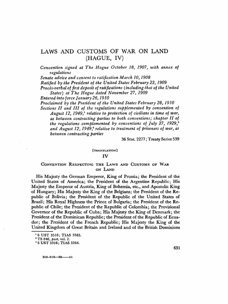 Laws of War 1907 Hague Treaty Article 55 Prisoner Of War Diplomatic