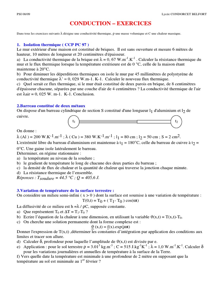 Exercice Conduction Thermique PDF | PDF | Conductivité thermique ...