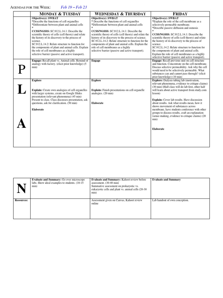 Lesson Plan Summary Template Feb19 feb23 Cell Biology Cell Membrane