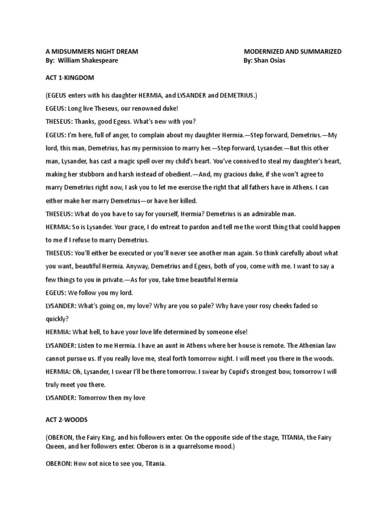 A Summer Night's Dream Chapter 1 A Midsummers Nights Dream Modern Script 1 | A Midsummer Night's Dream