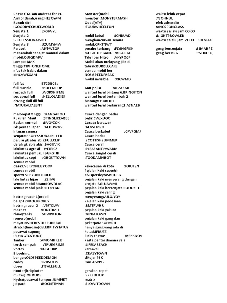 Cheat Gta San Andreas For Pc