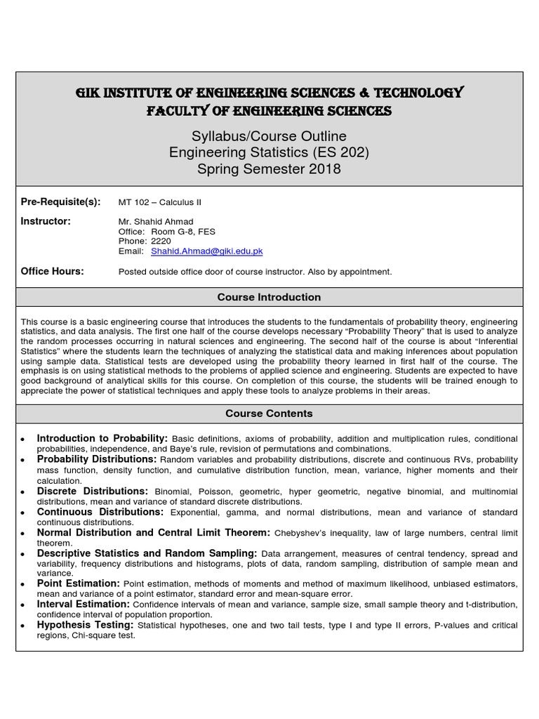 Engineering Statistics Course Outline | PDF | Probability Theory | Variance