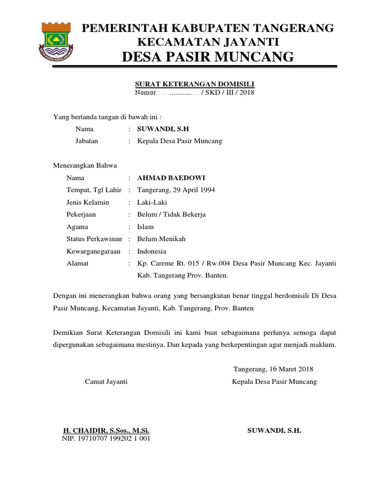 Surat Keterangan Domisili Pemerintah Kabupaten Tangerang