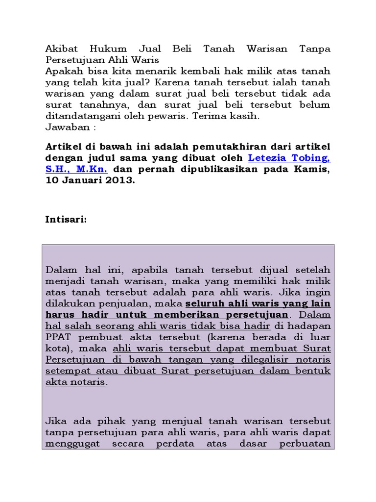 Akibat Hukum Jual Beli Tanah Warisan Tanpa Persetujuan Ahli