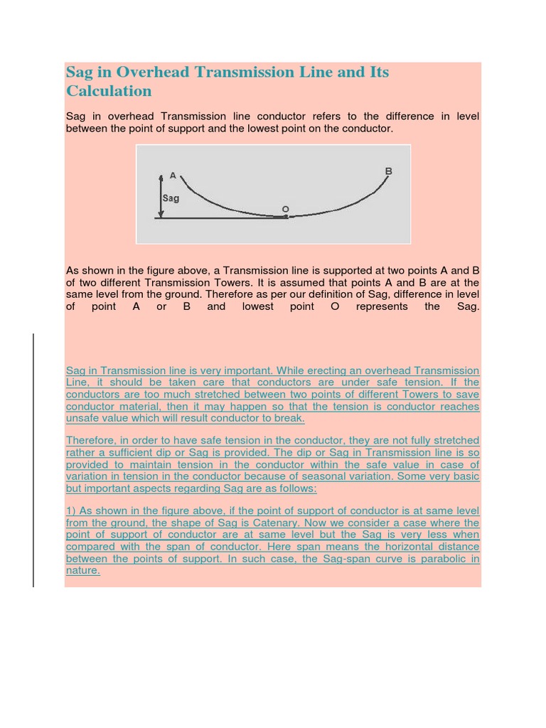 Calculation of Sag in Overhead Transmission Lines Formulas and