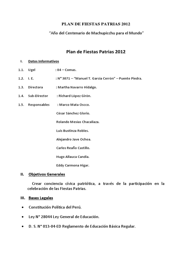 Plan De Fiestas Patrias 2012 Pdf Perú Maestros