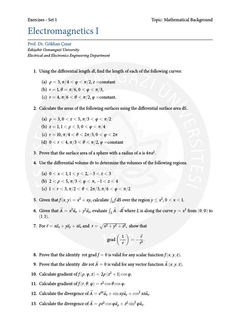 Vector Calculus Exercises in Electromagnetics | PDF | Sphere ...