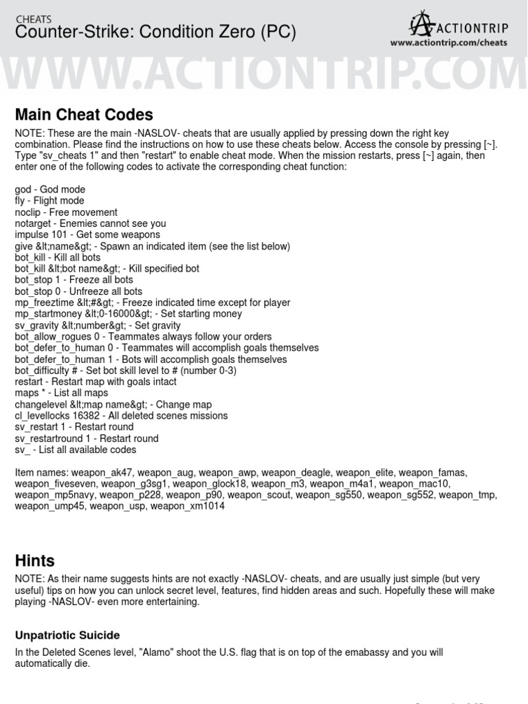 Counter-Strike: Condition Zero (PC) : Main Cheat Codes, PDF, Cheating In  Video Games