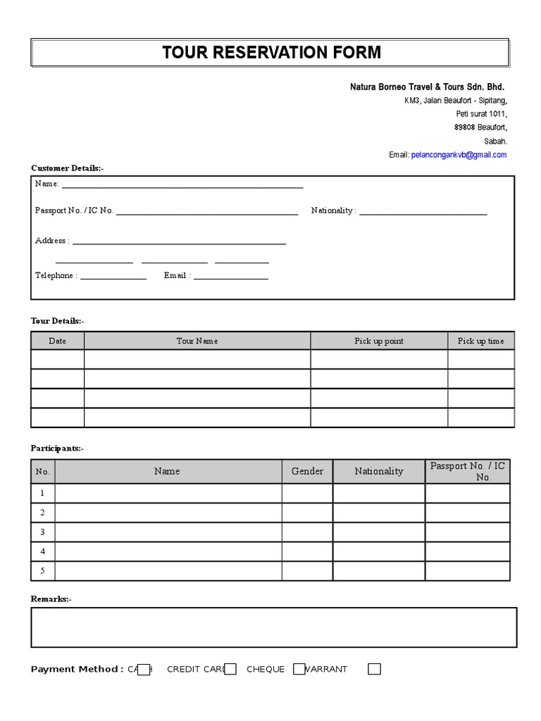 Tour Reservation Form Template | PDF