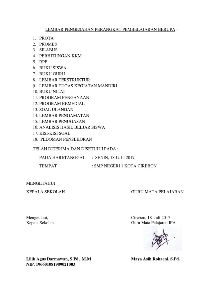 Lembar Pengesahan Perangkat Pembelajaran Berupa