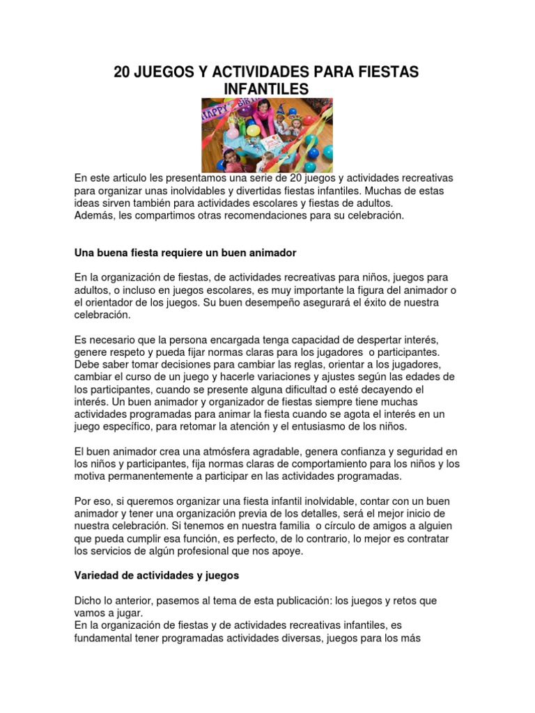 20 Juegos y Actividades para Fiestas Infantiles PDF | PDF | Tenis de ...