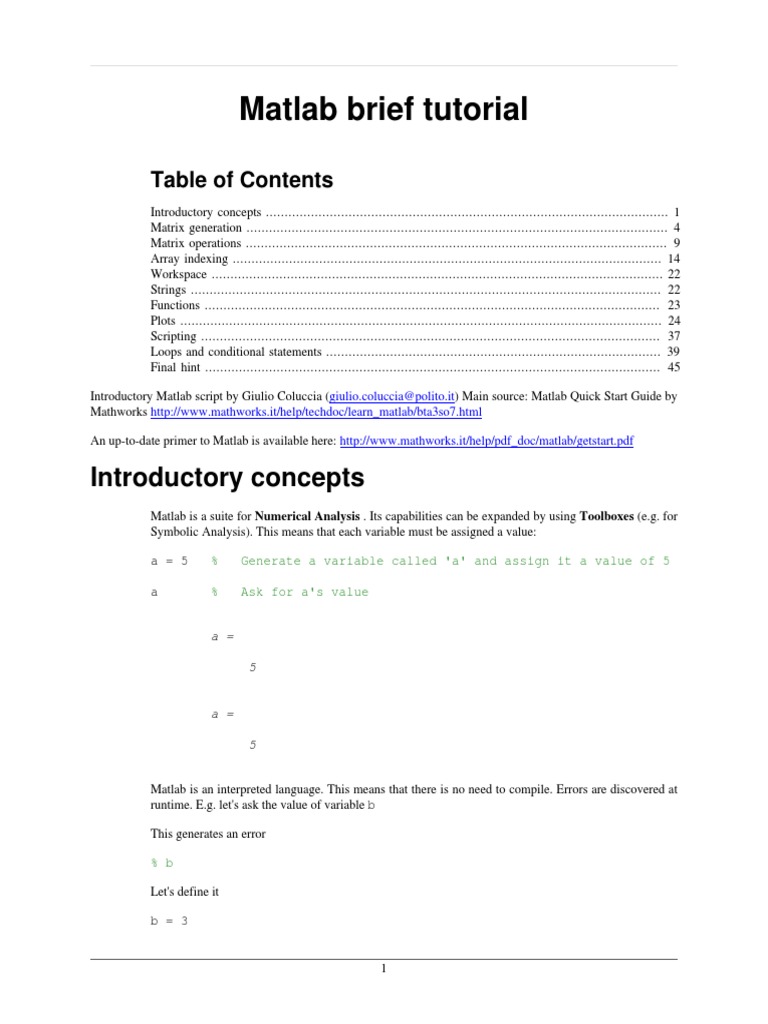 Matlab Brief Tutorial: Introductory Concepts | PDF | Matlab | Matrix ...