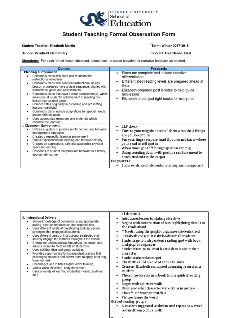 Martin Obs 2 Student Teaching | PDF | Educational Psychology | Teachers