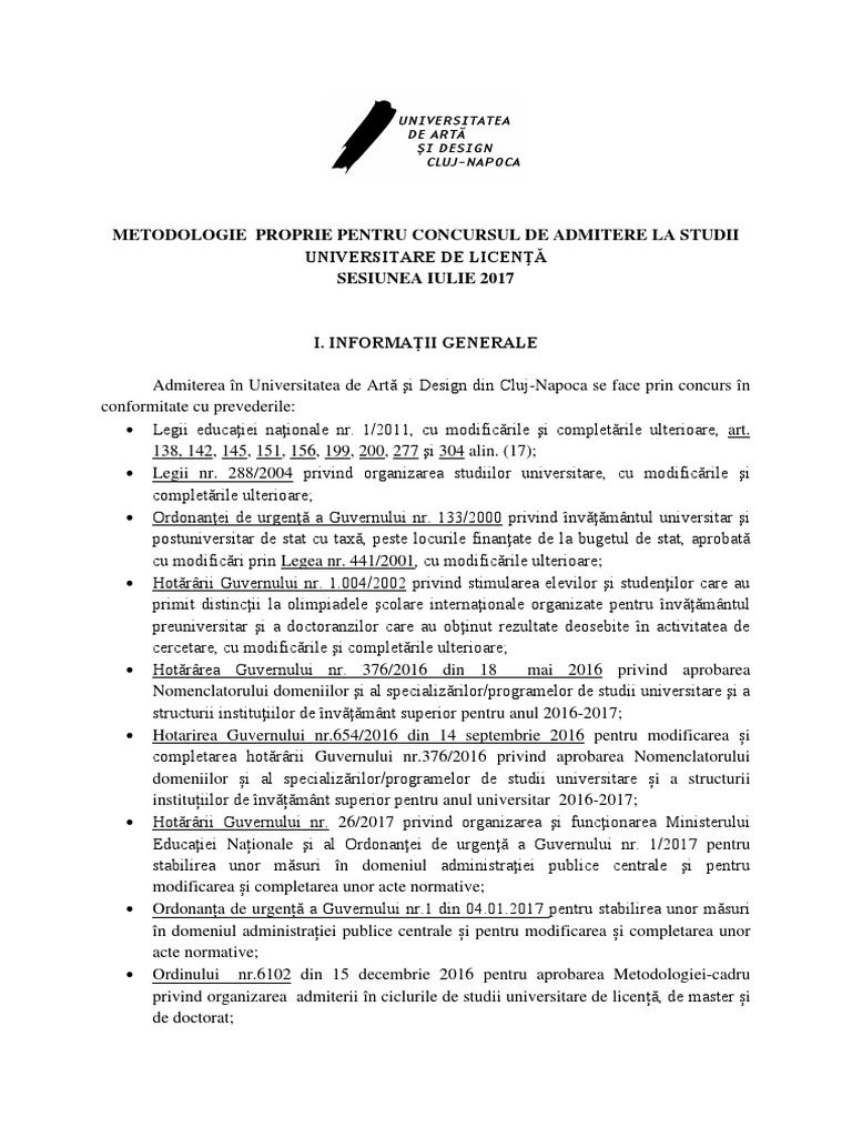 Metodologie Admitere Licenta 2017
