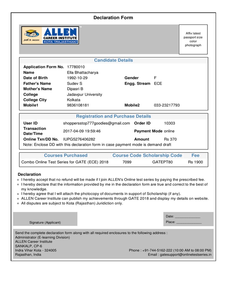 Candidate Details: Declaration Form | PDF | Computing | Business