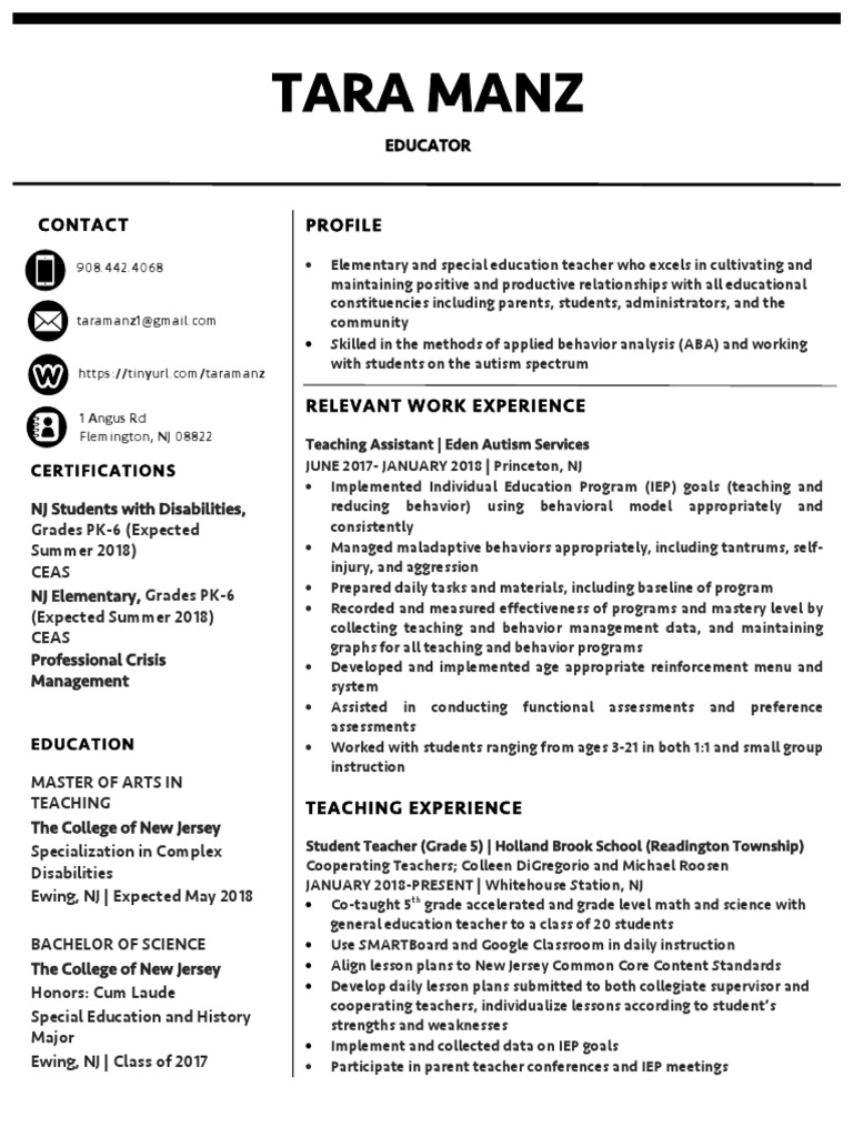 Tara Manz Resume - Final | PDF | Phonics | Teachers