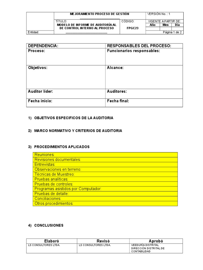 Modelo Informe de Auditoría de Control Interno | PDF | Auditoría ...