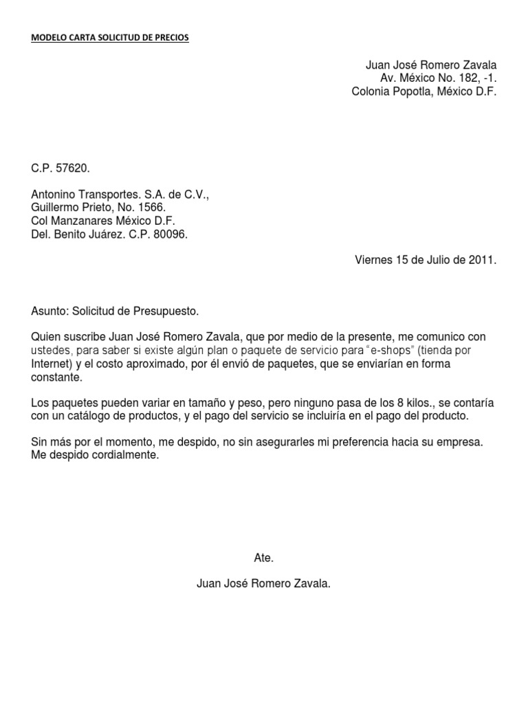 Modelo Carta Solicitud De Precios Pdf Agitacion